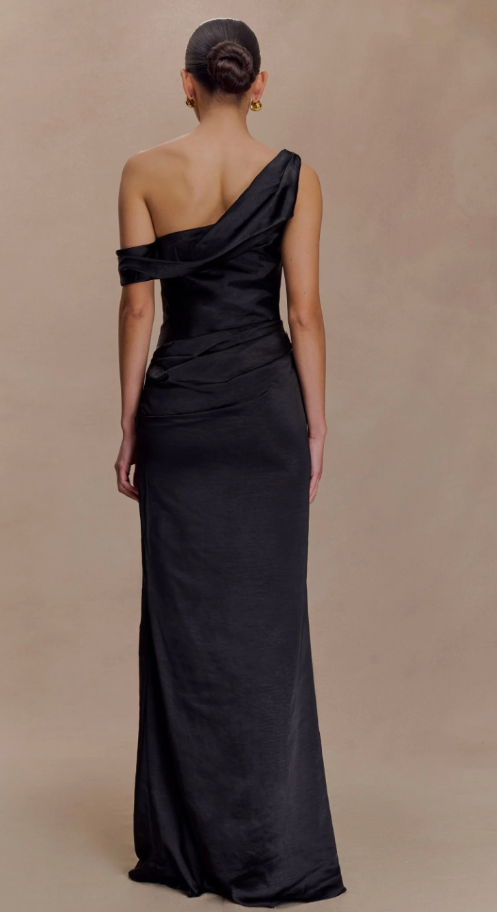 Dalia Off Shoulder Satin Maxi Dress - Black