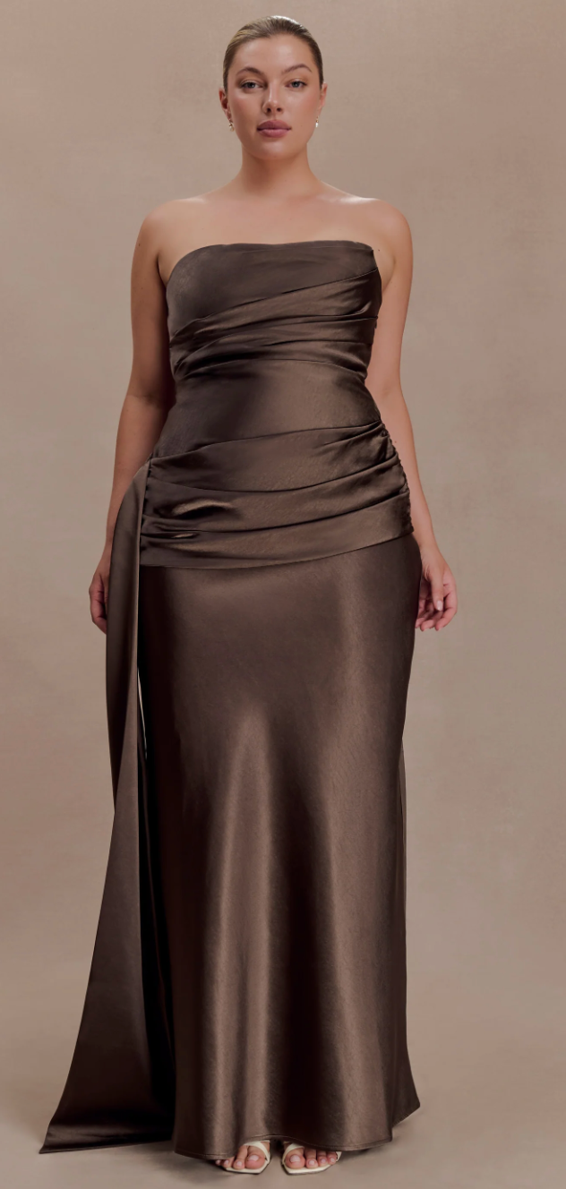 Sarah Strapless Maxi Dress With Waist Tie - Mocha