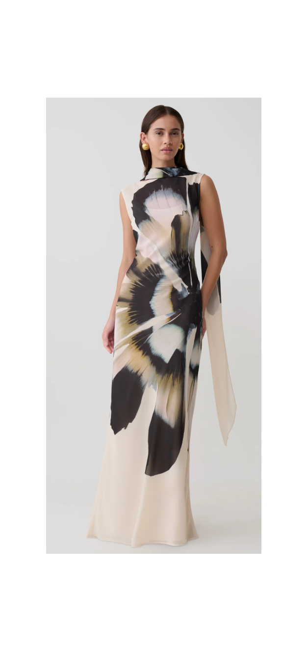 Dakota Chiffon Maxi Dress With Scarf - Ivory Oversized Floral Print