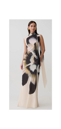 Dakota Chiffon Maxi Dress With Scarf - Ivory Oversized Floral Print
