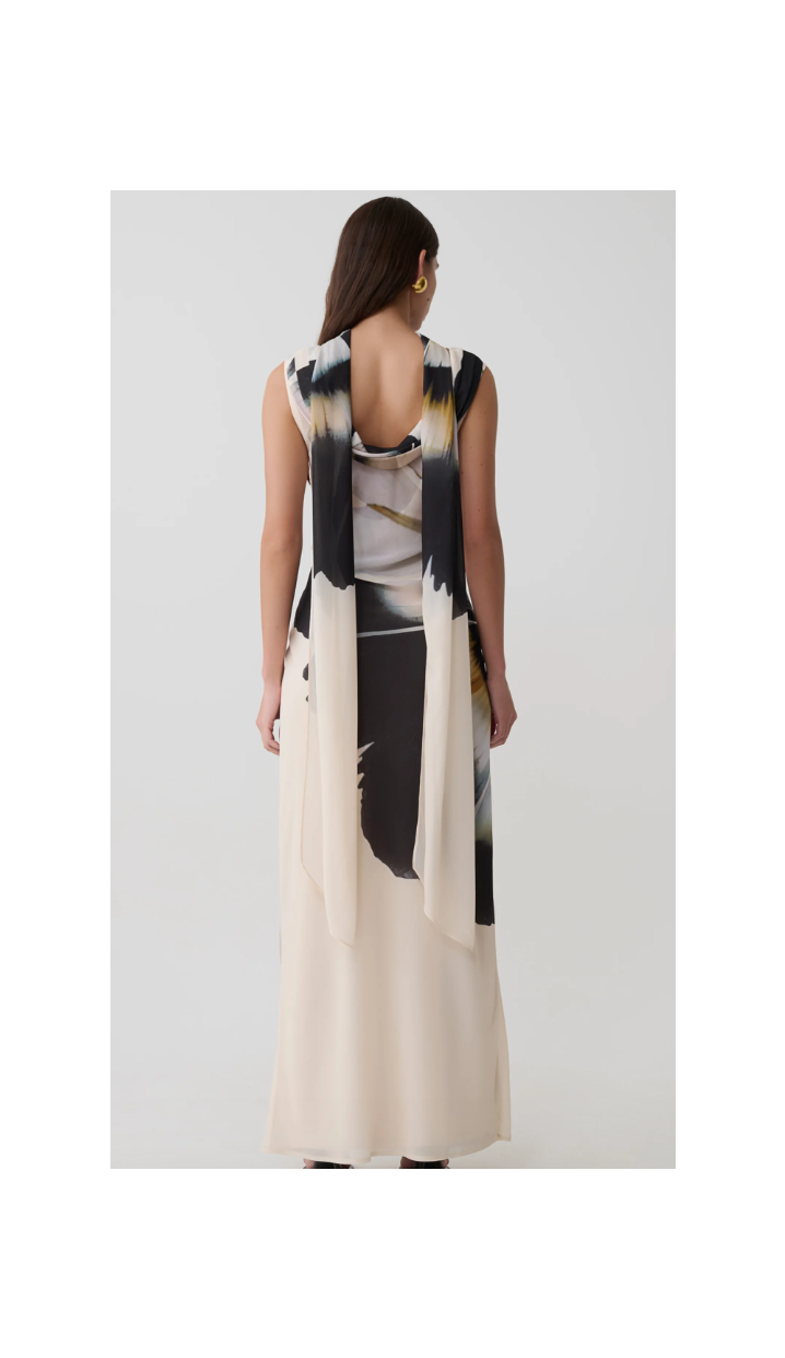 Dakota Chiffon Maxi Dress With Scarf - Ivory Oversized Floral Print